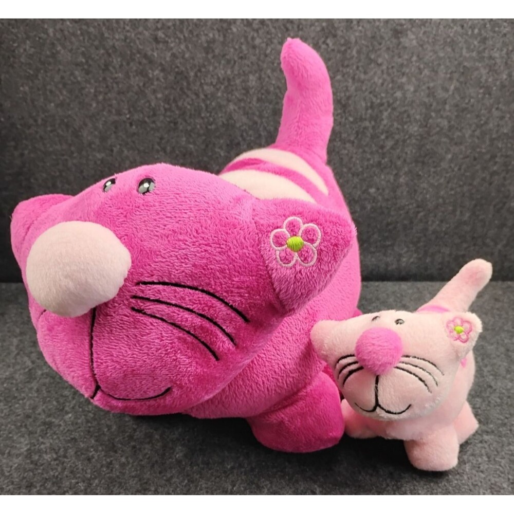 Sugar Loaf Plush Happy Kitty Cat Pink with Kitten Flowers on Ears Stuffed Animal